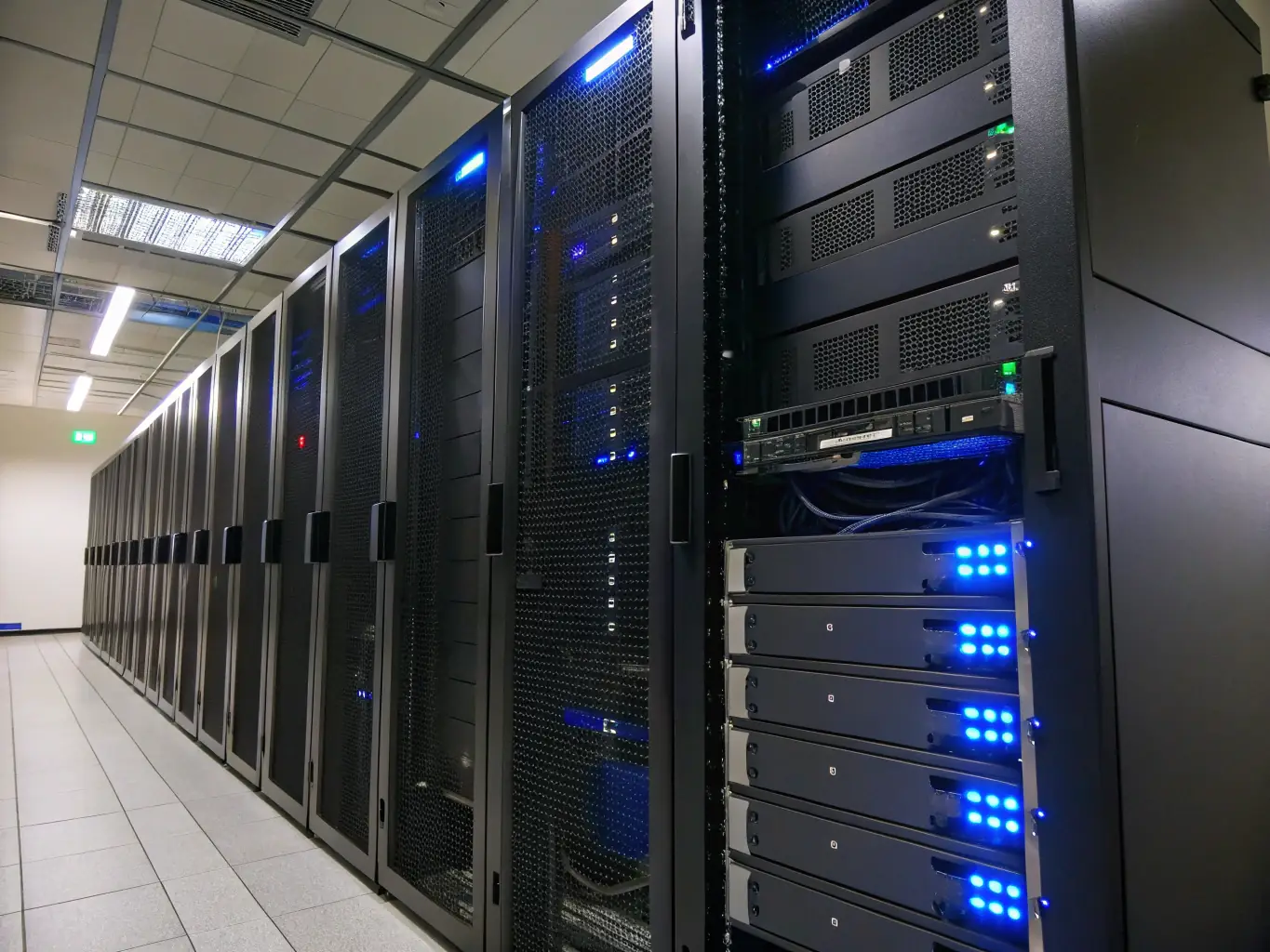 A server room with blinking lights and cooling systems, representing system protection and data security.