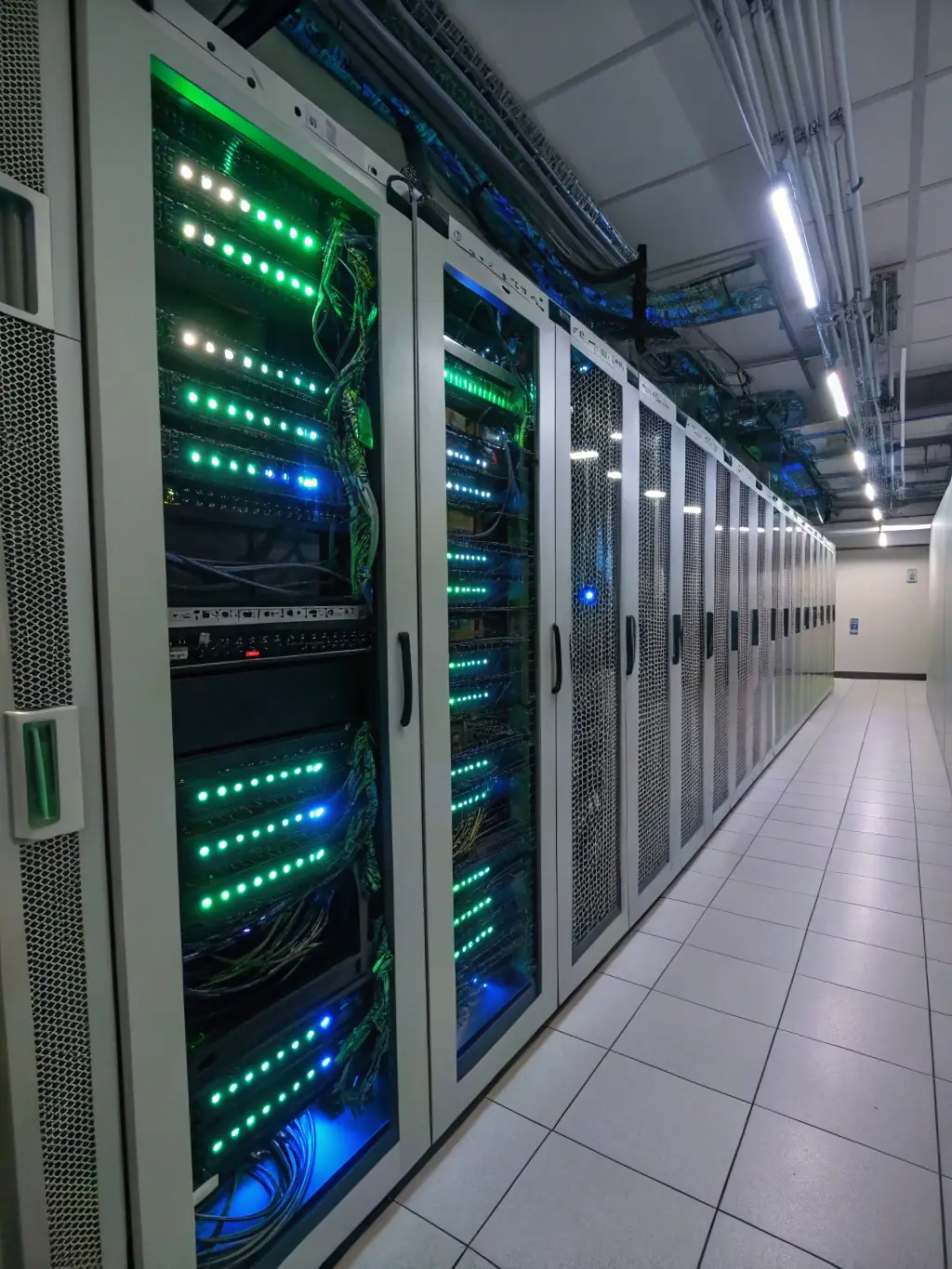 A secure web hosting server room with blinking lights, symbolizing the secure and reliable hosting services provided by HDK Business Services.
