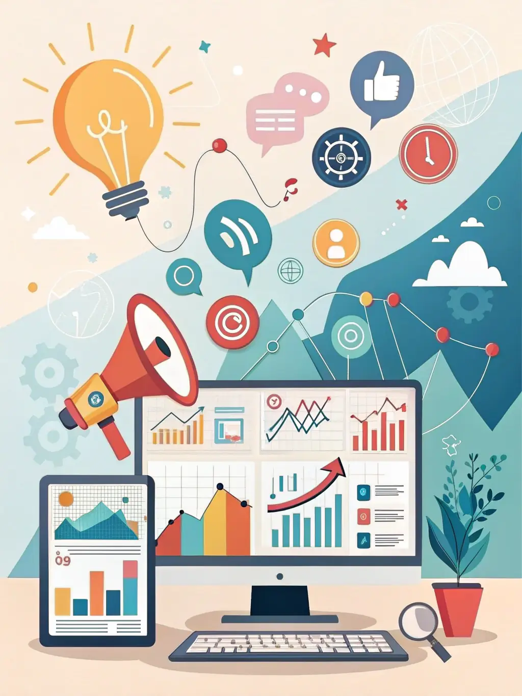 A collage of digital marketing assets, including social media posts, email campaigns, and website analytics dashboards.