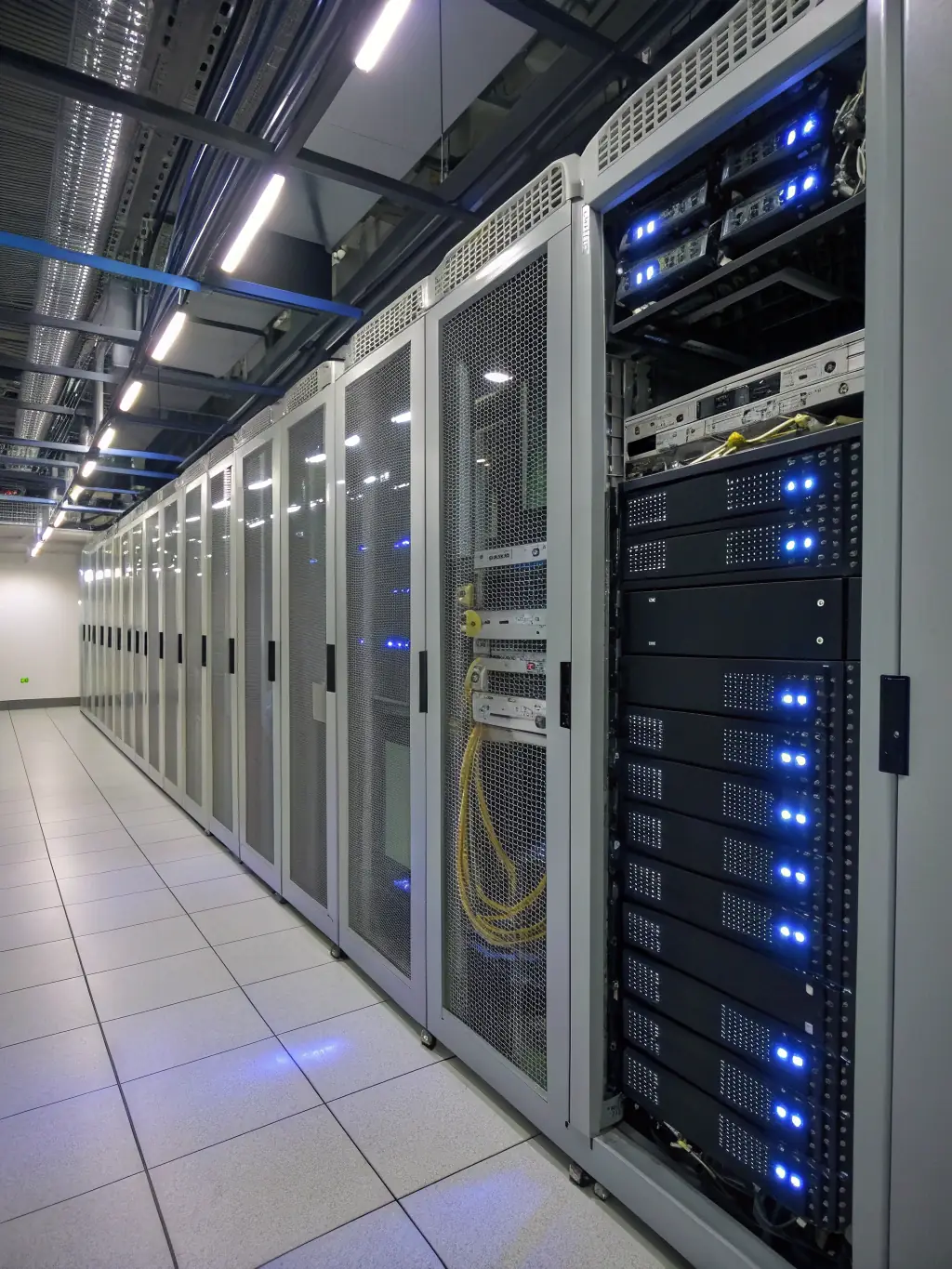 A secure server room with blinking lights, symbolizing HDK Business Services' commitment to trusted security.
