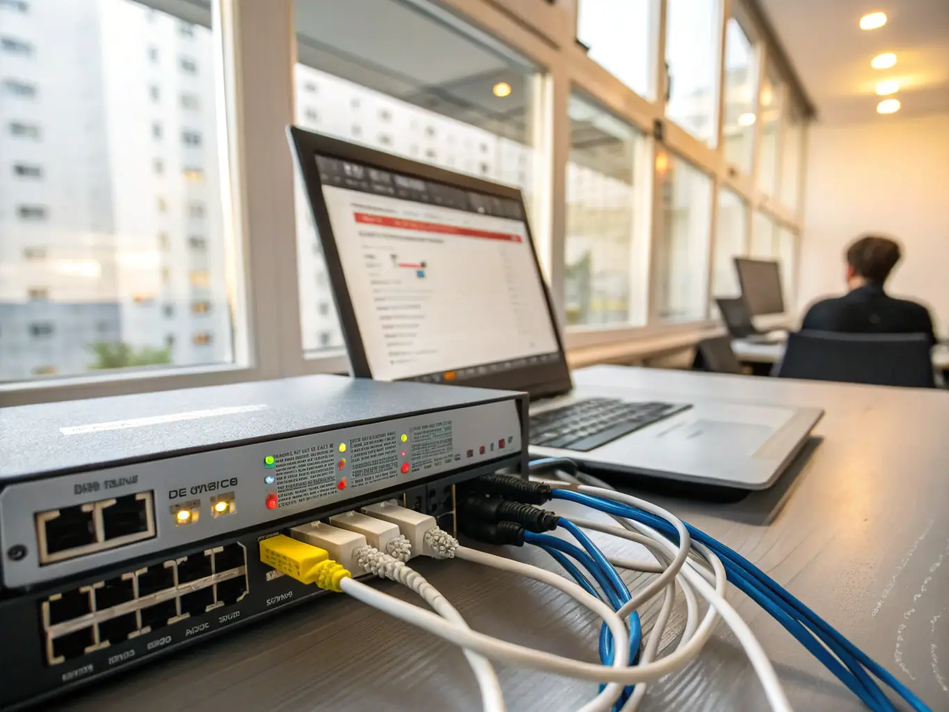 A network administrator configuring a firewall with various security settings displayed on a monitor, symbolizing proactive cybersecurity measures.
